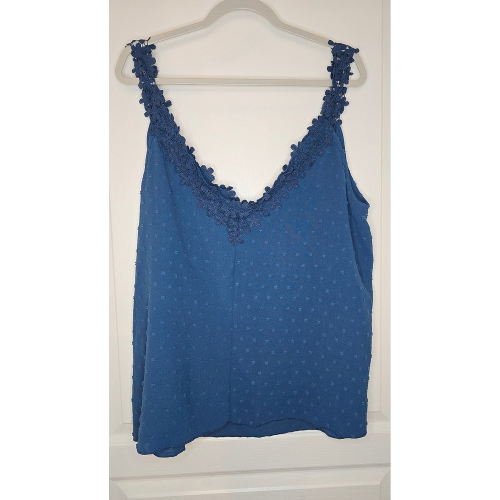 Women 3XL Blue Swiss Dot Lace Trim V-Neck Cami Top